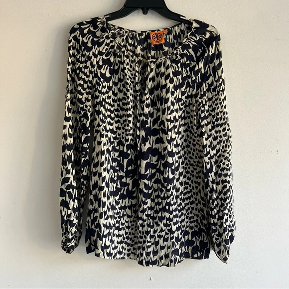 Tory Burch Bird Print Long Sleeve Keyhole Neck Blouse Top Navy Tan 22146 - Picture 6 of 7